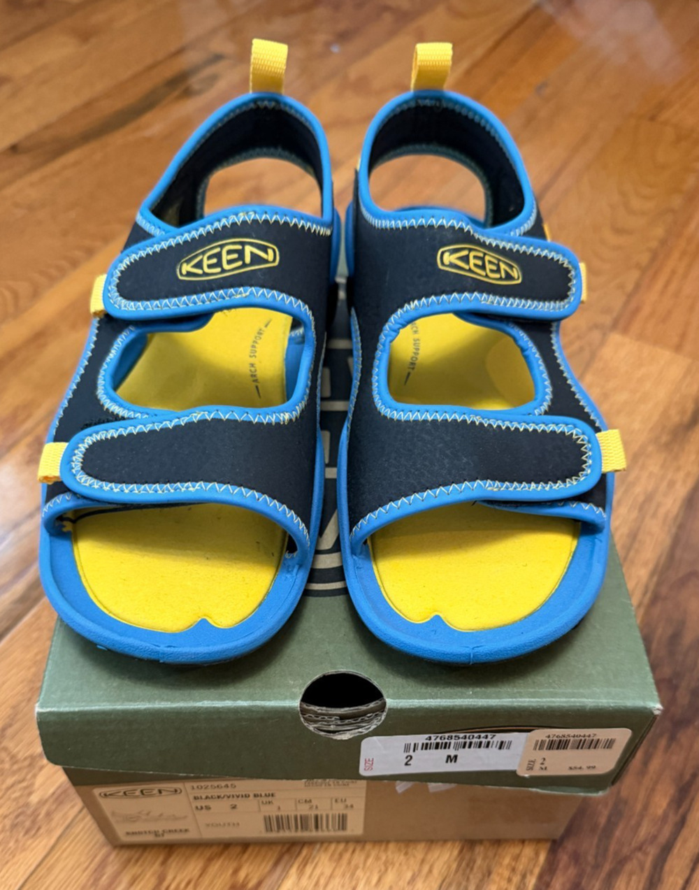 KEEN Knotch Creek OT Youth Sandals Size 2 Black Vivid Blue Open Toe Water Shoes